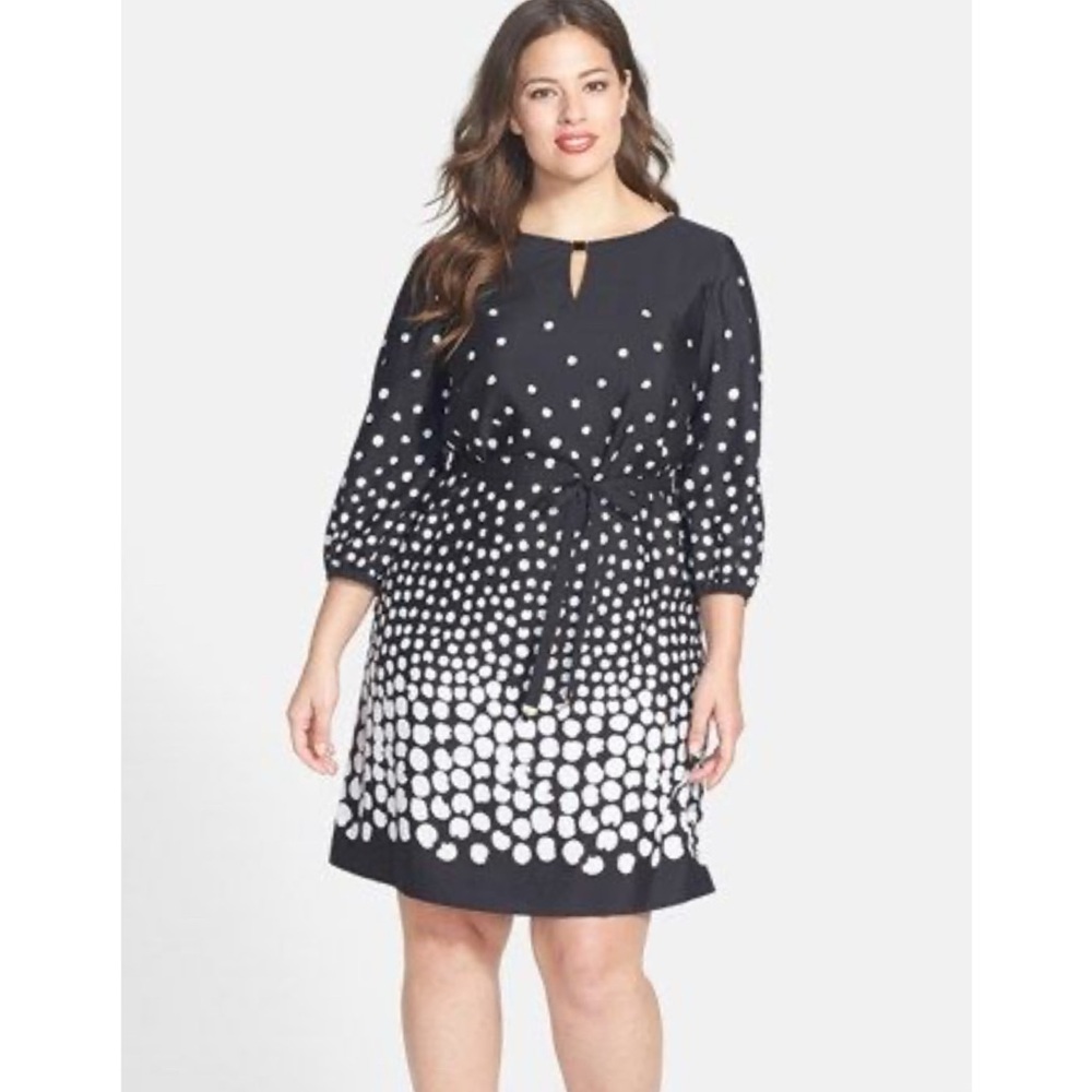 Tahari by ASL Belted Graduated Dot Black & White Long Sleeve Shift Dress Size 8